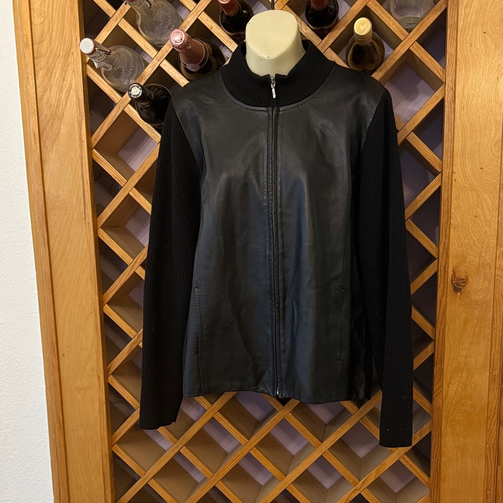 Pendleton Black Leather Jacket with Knit Wool Sleeves